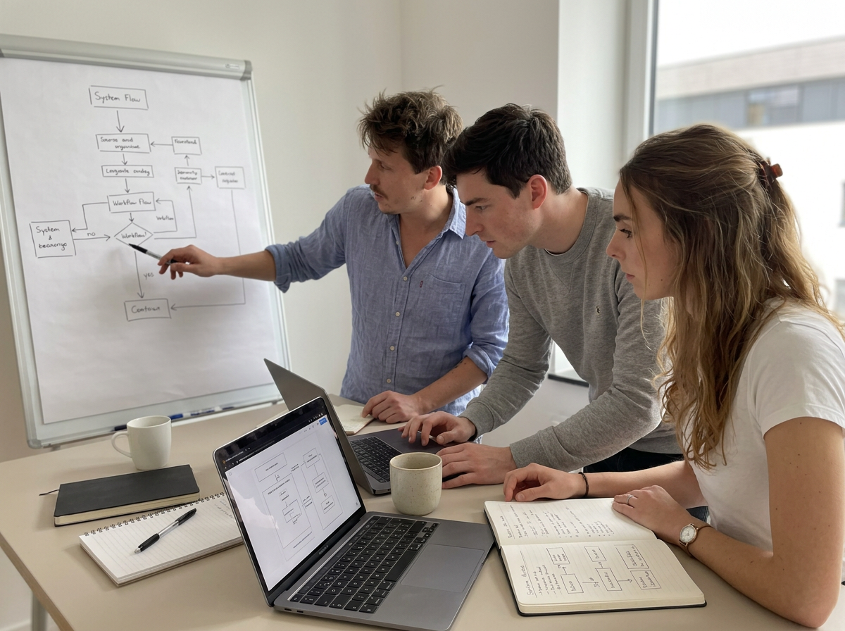 Made Relevant team mapping a business process automation workflow on a whiteboard